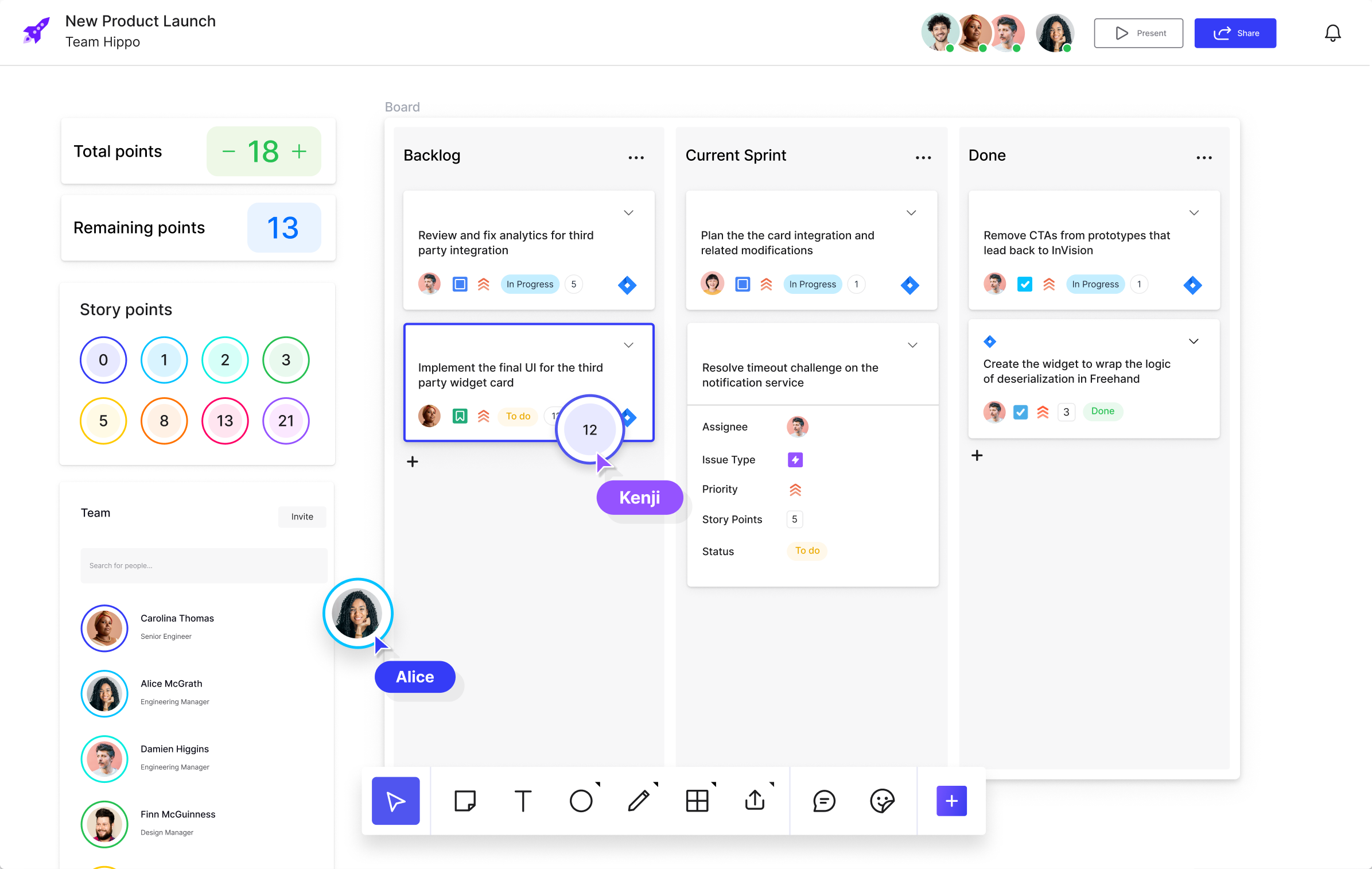 Freehand board before this work — a simple kanban of backlog, sprint, and done