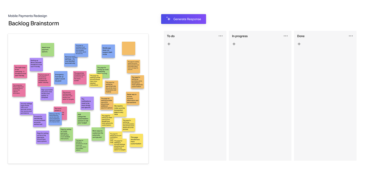 Backlog brainstorm board for a mobile payments redesign, shown early to the team