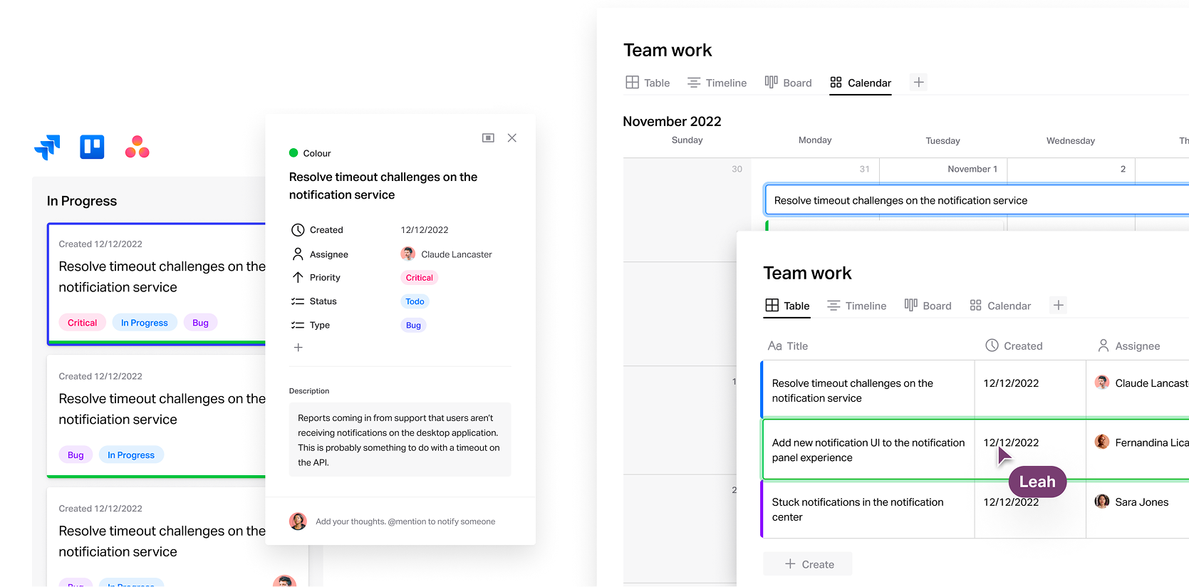 The same work item shown as a board card and as a calendar/table view
